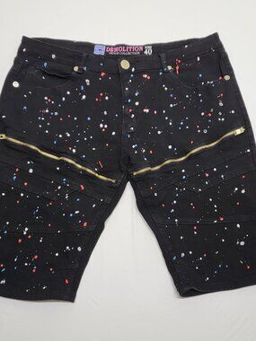 Demolition Mens Jean Shorts Moto Biker Size 40 Splatter Print Stretch Streetwear